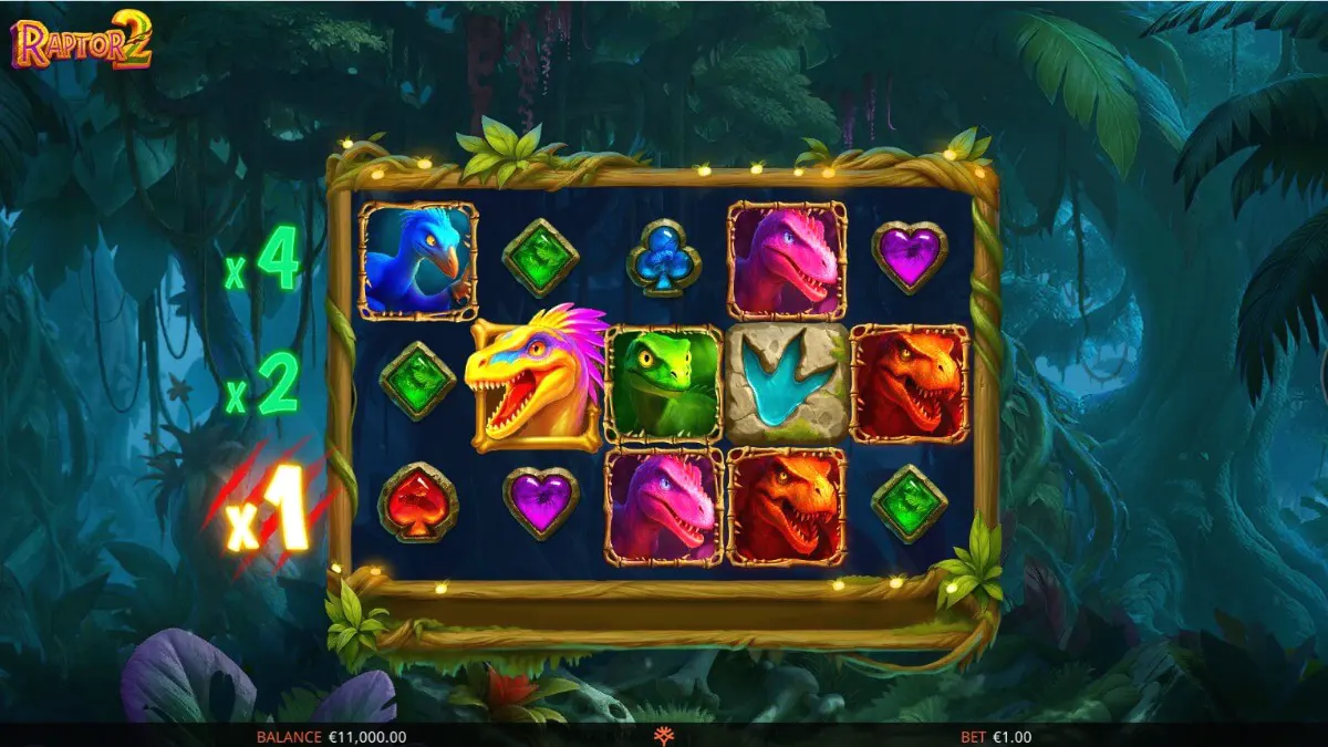 Raptor 2 DoubleMax slot game screen with dinosaur theme