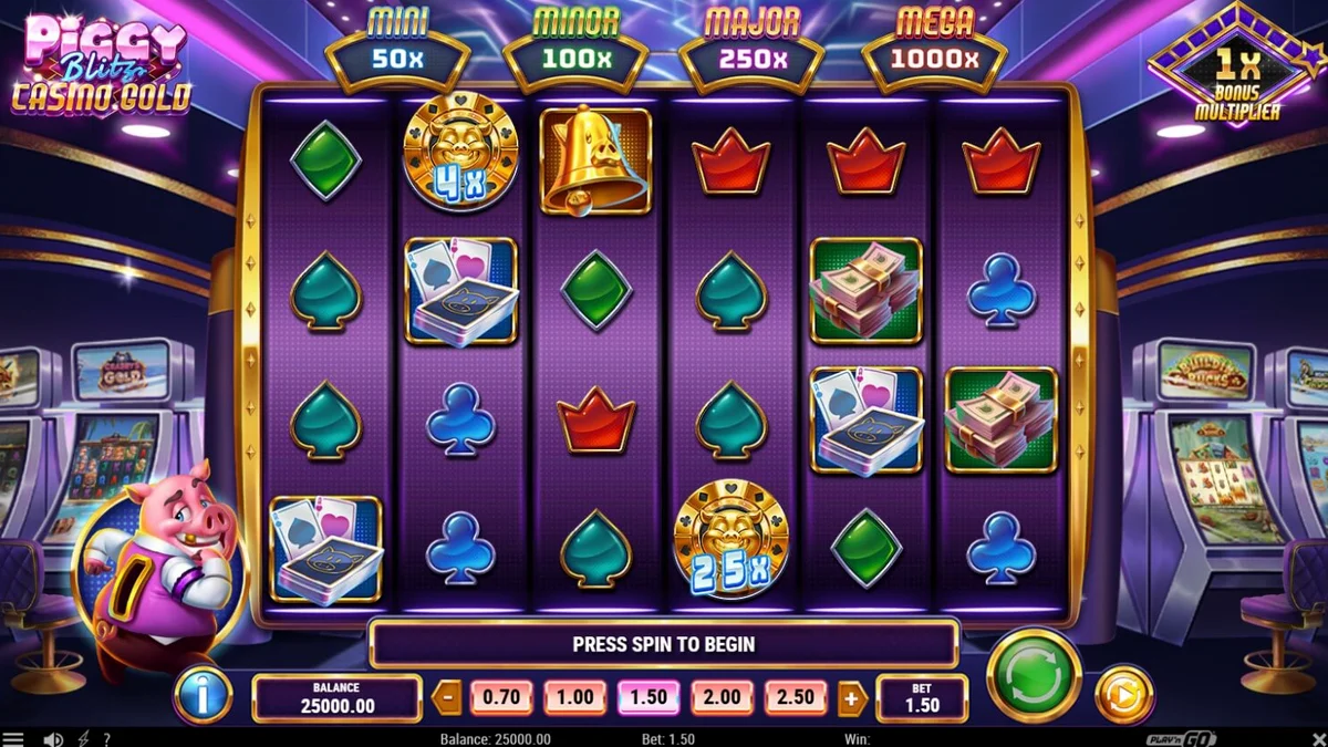 Tampilan visual slot Piggy Blitz Casino Gold dengan tema kasino mewah