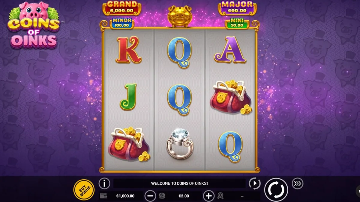 Tampilan visual slot Coins of Oinks yang menampilkan babi mewah dan koin emas.